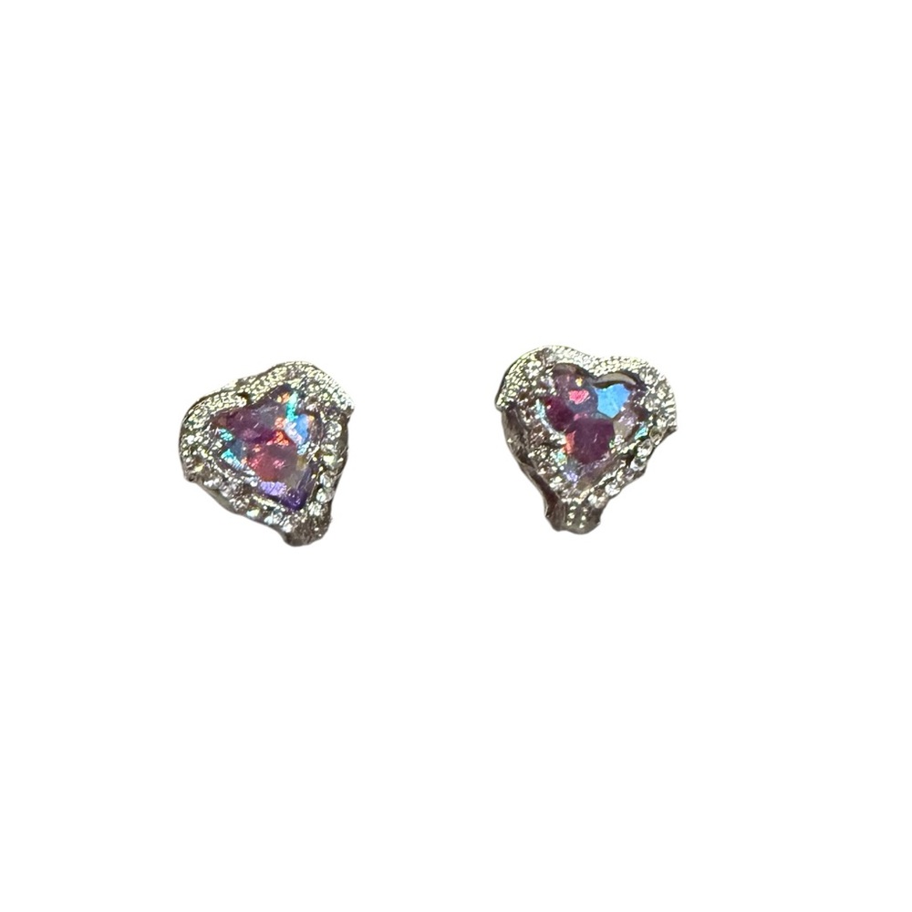 Iridescent Heart Stud Earrings Pink Crystal Rhinestone Romantic Jewelry